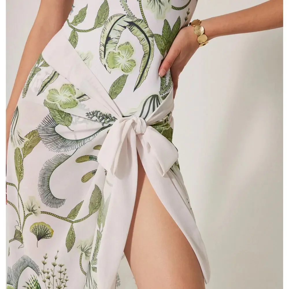 Commense Floral Print Ruffle Strap One-Piece Swimsuit and Skirt cover Up Sz L